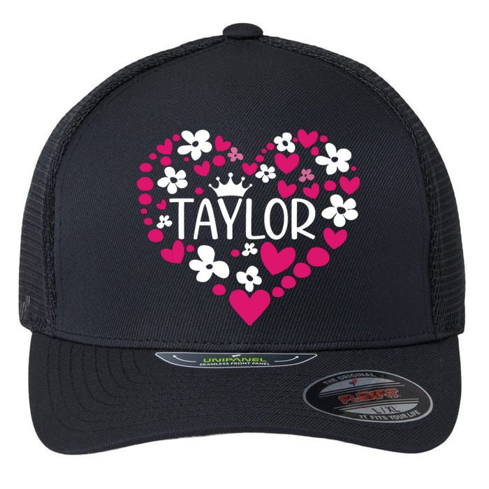 Taylor First Name I Love Taylor Girl Groovy 80s Pink White Flexfit Unipanel Trucker Cap