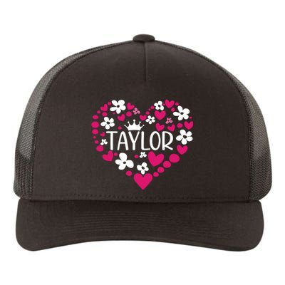 Taylor First Name I Love Taylor Girl Groovy 80s Pink White Yupoong Adult 5-Panel Trucker Hat