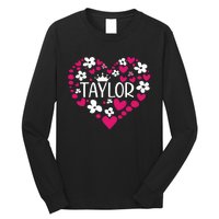 Taylor First Name I Love Taylor Girl Groovy 80s Pink White Long Sleeve Shirt