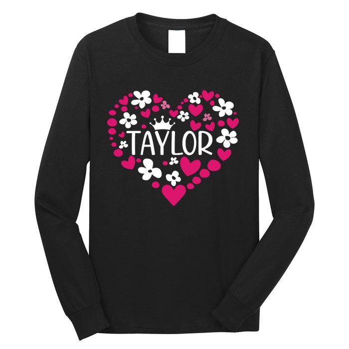 Taylor First Name I Love Taylor Girl Groovy 80s Pink White Long Sleeve Shirt