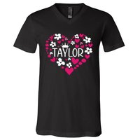 Taylor First Name I Love Taylor Girl Groovy 80s Pink White V-Neck T-Shirt