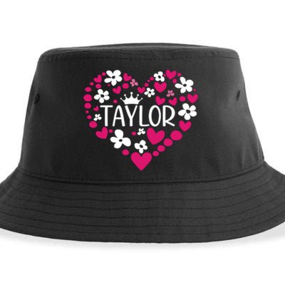 Taylor First Name I Love Taylor Girl Groovy 80s Pink White Sustainable Bucket Hat