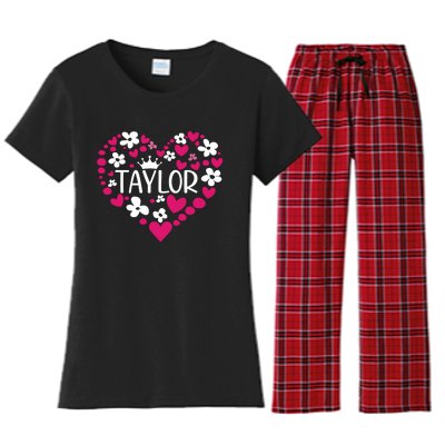 Taylor First Name I Love Taylor Girl Groovy 80s Pink White Women's Flannel Pajama Set