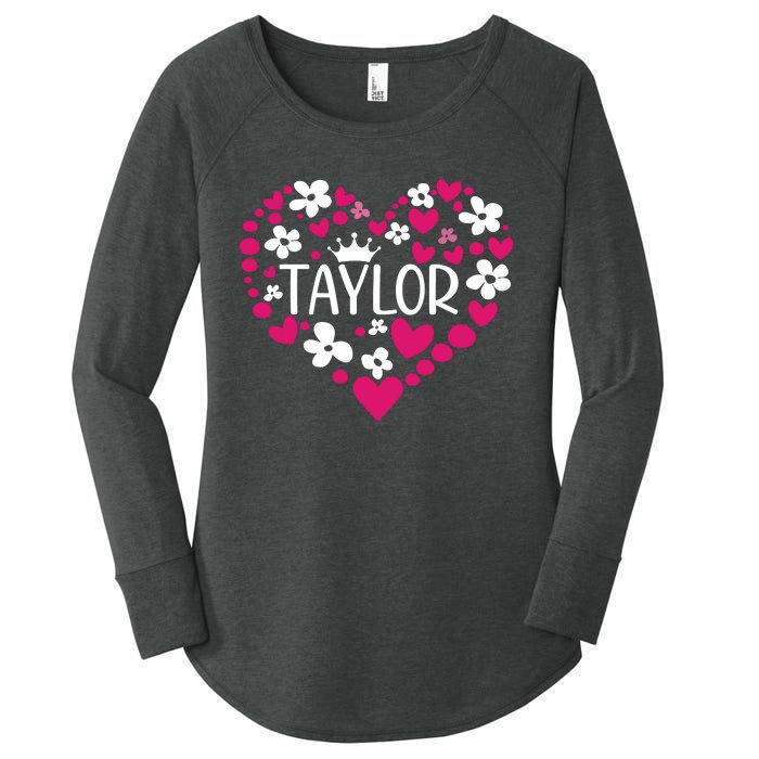 Taylor First Name I Love Taylor Girl Groovy 80s Pink White Women's Perfect Tri Tunic Long Sleeve Shirt