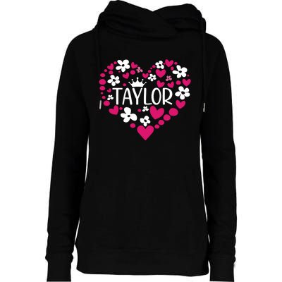 Taylor First Name I Love Taylor Girl Groovy 80s Pink White Womens Funnel Neck Pullover Hood