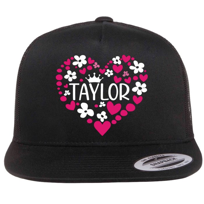 Taylor First Name I Love Taylor Girl Groovy 80s Pink White Flat Bill Trucker Hat