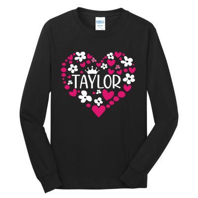 Taylor First Name I Love Taylor Girl Groovy 80s Pink White Tall Long Sleeve T-Shirt