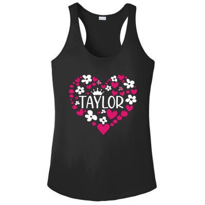 Taylor First Name I Love Taylor Girl Groovy 80s Pink White Ladies PosiCharge Competitor Racerback Tank