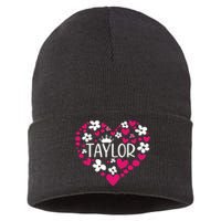 Taylor First Name I Love Taylor Girl Groovy 80s Pink White Sustainable Knit Beanie