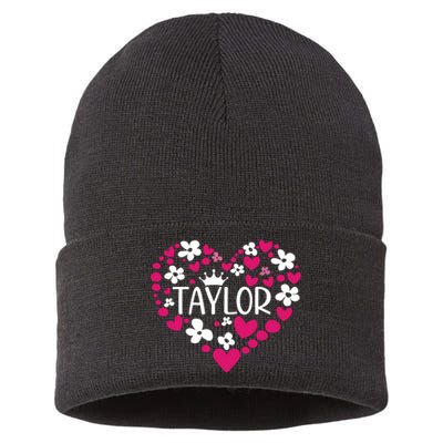 Taylor First Name I Love Taylor Girl Groovy 80s Pink White Sustainable Knit Beanie