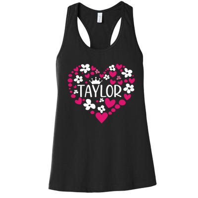 Taylor First Name I Love Taylor Girl Groovy 80s Pink White Women's Racerback Tank