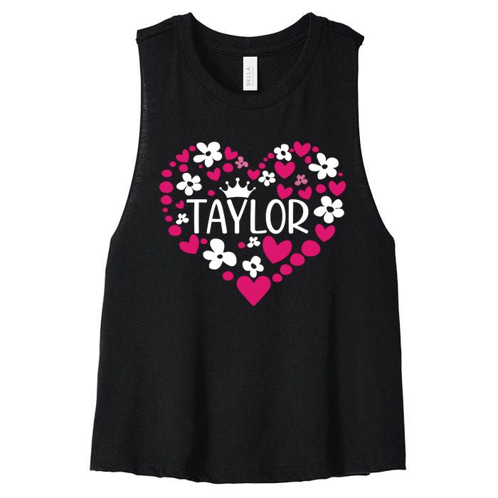 Taylor First Name I Love Taylor Girl Groovy 80s Pink White Women's Racerback Cropped Tank