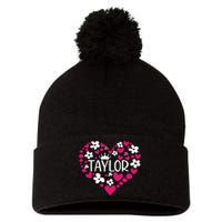 Taylor First Name I Love Taylor Girl Groovy 80s Pink White Pom Pom 12in Knit Beanie