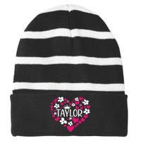 Taylor First Name I Love Taylor Girl Groovy 80s Pink White Striped Beanie with Solid Band