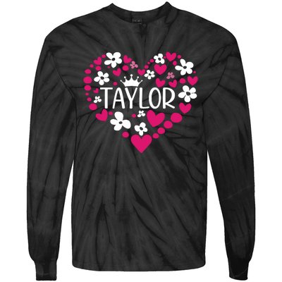 Taylor First Name I Love Taylor Girl Groovy 80s Pink White Tie-Dye Long Sleeve Shirt