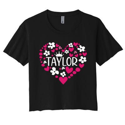 Taylor First Name I Love Taylor Girl Groovy 80s Pink White Women's Crop Top Tee