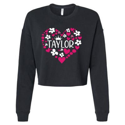 Taylor First Name I Love Taylor Girl Groovy 80s Pink White Cropped Pullover Crew