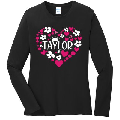 Taylor First Name I Love Taylor Girl Groovy 80s Pink White Ladies Long Sleeve Shirt