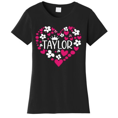 Taylor First Name I Love Taylor Girl Groovy 80s Pink White Women's T-Shirt