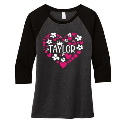 Taylor First Name I Love Taylor Girl Groovy 80s Pink White Women's Tri-Blend 3/4-Sleeve Raglan Shirt