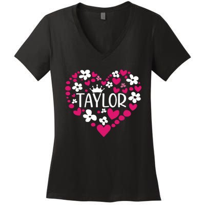 Taylor First Name I Love Taylor Girl Groovy 80s Pink White Women's V-Neck T-Shirt