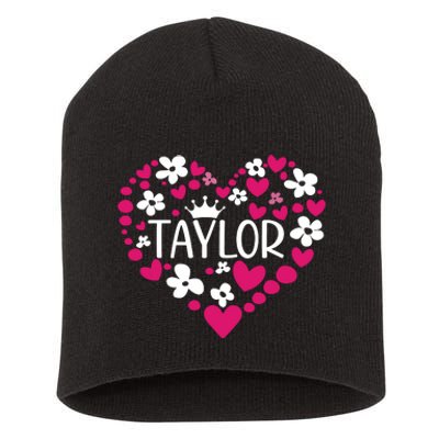 Taylor First Name I Love Taylor Girl Groovy 80s Pink White Short Acrylic Beanie