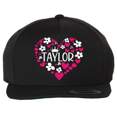 Taylor First Name I Love Taylor Girl Groovy 80s Pink White Wool Snapback Cap