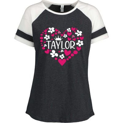 Taylor First Name I Love Taylor Girl Groovy 80s Pink White Enza Ladies Jersey Colorblock Tee