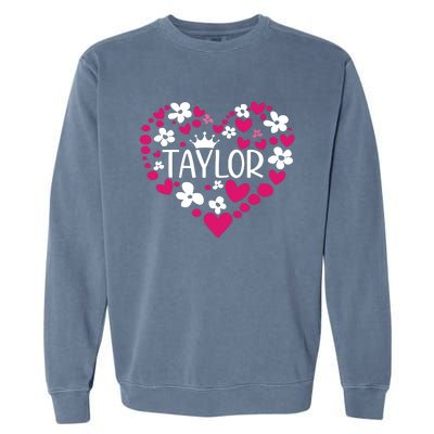 Taylor First Name I Love Taylor Girl Groovy 80s Pink White Garment-Dyed Sweatshirt