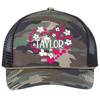 Taylor First Name I Love Taylor Girl Groovy 80s Pink White Retro Rope Trucker Hat Cap