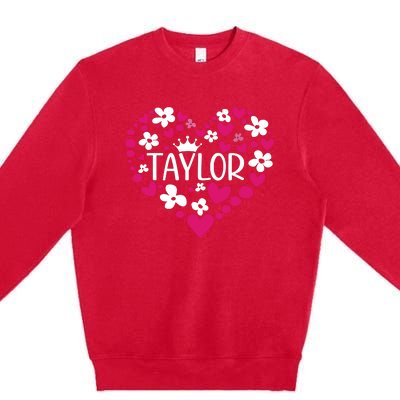 Taylor First Name I Love Taylor Girl Groovy 80s Pink White Premium Crewneck Sweatshirt