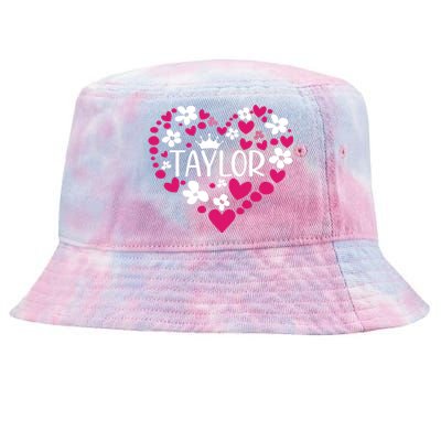 Taylor First Name I Love Taylor Girl Groovy 80s Pink White Tie-Dyed Bucket Hat