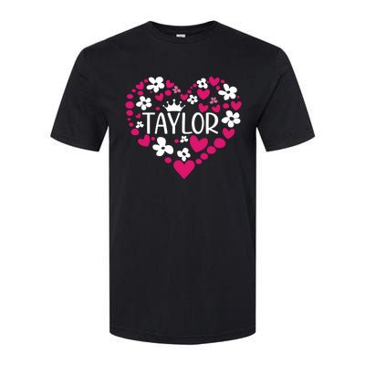 Taylor First Name I Love Taylor Girl Groovy 80s Pink White Softstyle CVC T-Shirt