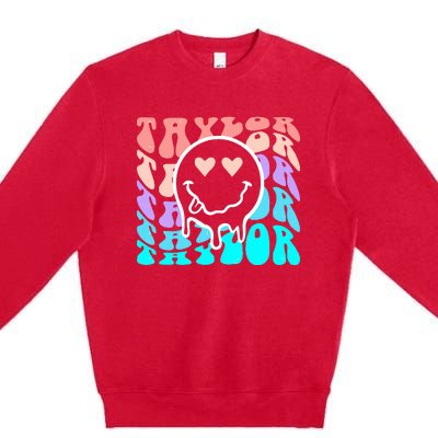 T.aylor First Name Retro Happy Face Groovy Birthday Gift Premium Crewneck Sweatshirt