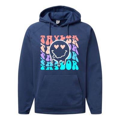 T.aylor First Name Retro Happy Face Groovy Birthday Gift Performance Fleece Hoodie