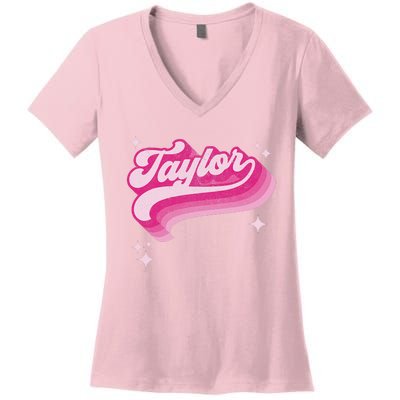 T.aylor First Name Vintage Style 70s Personalized Women's V-Neck T-Shirt