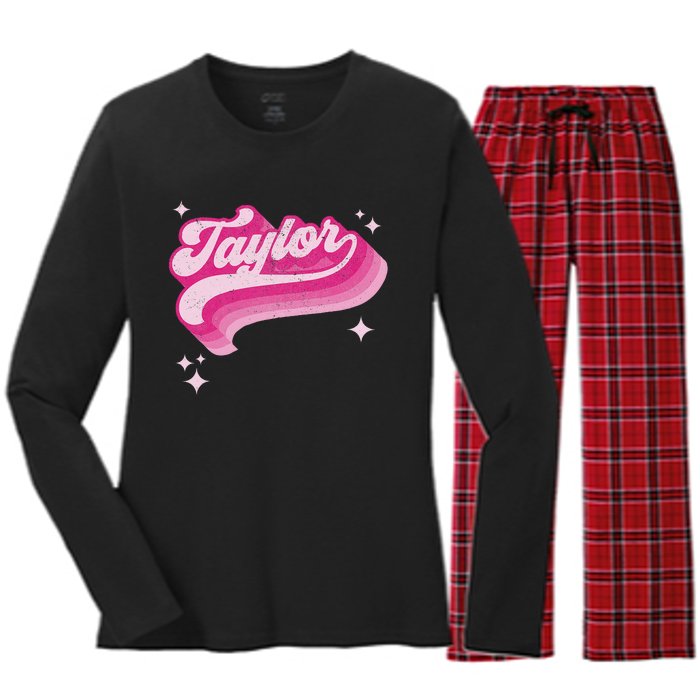 Taylor First Name Girl Vintage Style 70s Personalized Retro Women's Long Sleeve Flannel Pajama Set 