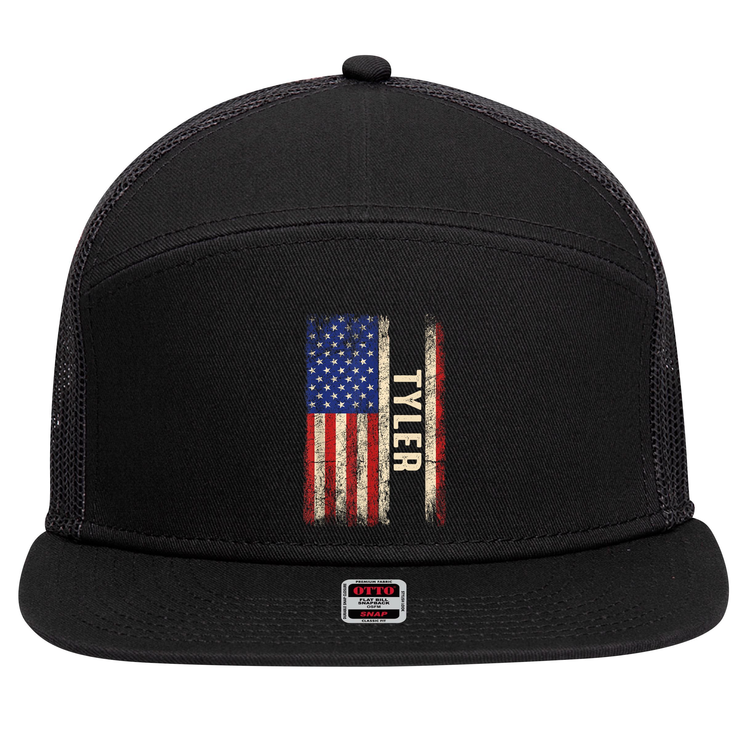 Tyler First Name Gift Tyler Name American Flag Gift 7 Panel Mesh Trucker Snapback Hat