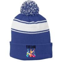 Taylor First Name Personalized Groovy 80S 90S Stripe Pom Pom Beanie