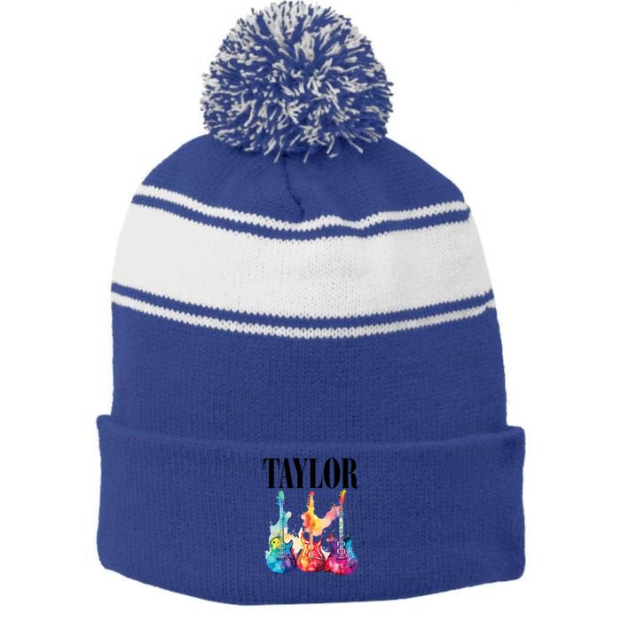 Taylor First Name Personalized Groovy 80S 90S Stripe Pom Pom Beanie