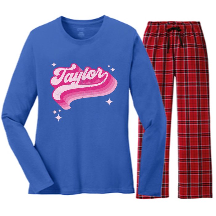 T.aylor First Name Vintage Style 70s Personalized Retro Women's Long Sleeve Flannel Pajama Set 