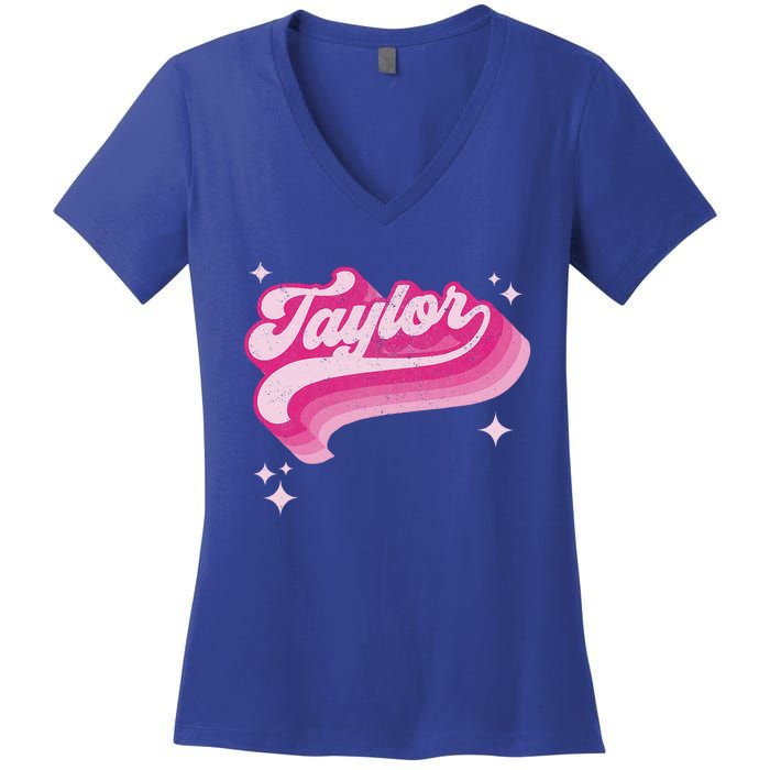 T.aylor First Name Vintage Style 70s Personalized Retro Women's V-Neck T-Shirt