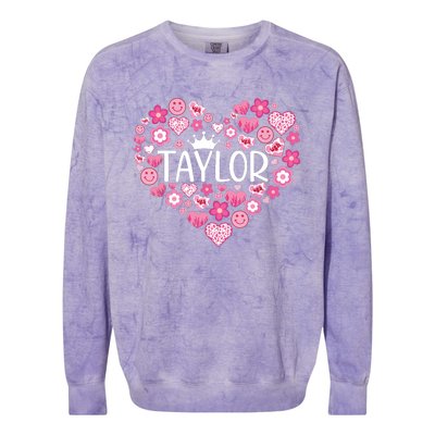 Taylor First Name I Love Taylor Girl Groovy 80s Pink White Colorblast Crewneck Sweatshirt