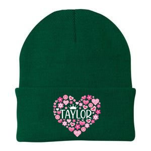 Taylor First Name I Love Taylor Girl Groovy 80s Pink White Knit Cap Winter Beanie