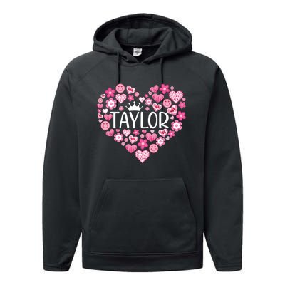 Taylor First Name I Love Taylor Girl Groovy 80s Pink White Performance Fleece Hoodie