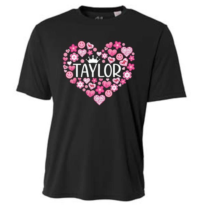 Taylor First Name I Love Taylor Girl Groovy 80s Pink White Cooling Performance Crew T-Shirt