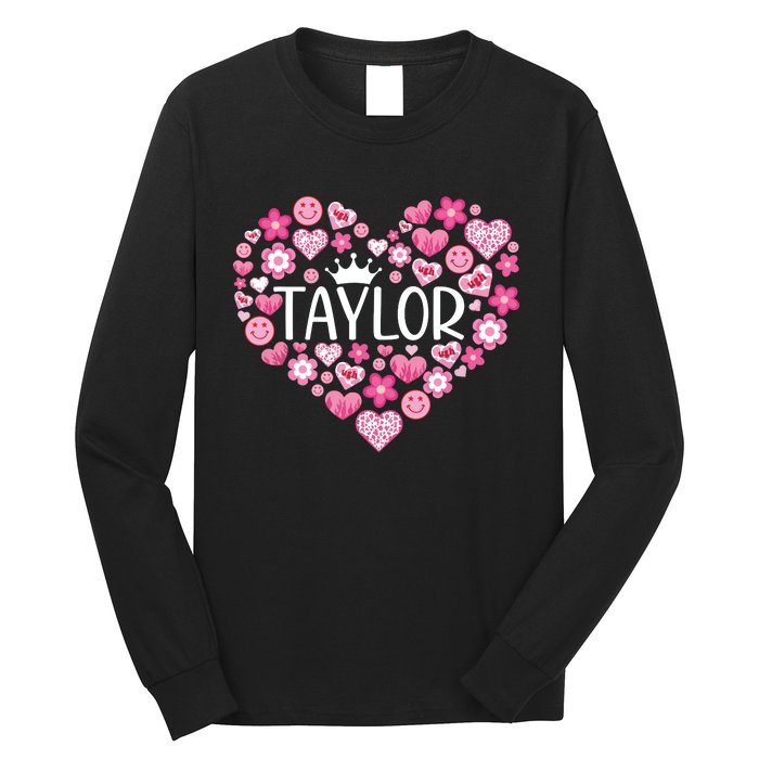 Taylor First Name I Love Taylor Girl Groovy 80s Pink White Long Sleeve Shirt