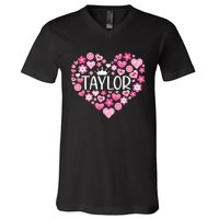 Taylor First Name I Love Taylor Girl Groovy 80s Pink White V-Neck T-Shirt