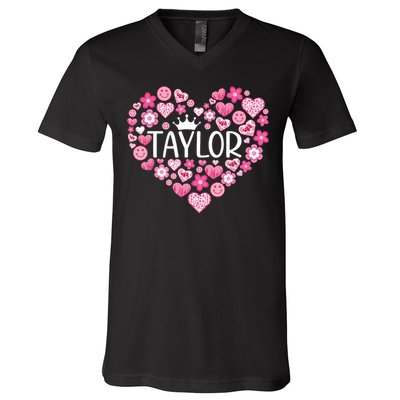 Taylor First Name I Love Taylor Girl Groovy 80s Pink White V-Neck T-Shirt