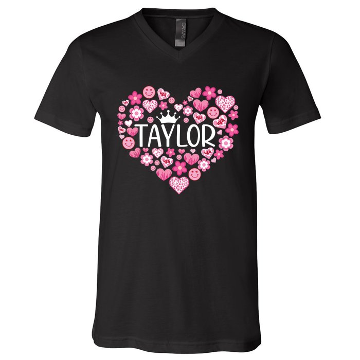 Taylor First Name I Love Taylor Girl Groovy 80s Pink White V-Neck T-Shirt